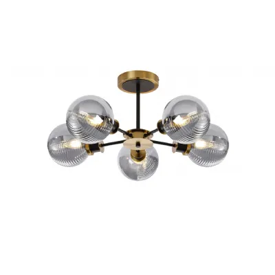 Cassia Semi Ceiling, 5 Light E14 With 15cm Round Double Textured Smooth Ribbed Glass Shade, Brass, Smoke Plated & Satin Black (5LT175D)