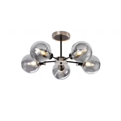 Cassia Semi Ceiling, 5 Light E14 With 15cm Round Double Textured Smooth Ribbed Glass Shade, Satin Nickel, Smoke Plated & Satin Black (5LT179D)