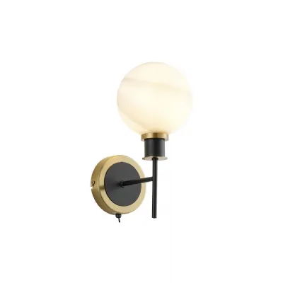 Cassia Switched Wall Light, 1 Light E14 With 15cm Round White & Grey Marble Effect Glass Shade, Brass & Satin Black Framework (5LT181C)