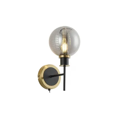 Cassia Switched Wall Light, 1 Light E14 With 15cm Round Double Textured Smooth Ribbed Glass Shade, Brass, Smoke Plated & Satin Black (5LT183D)
