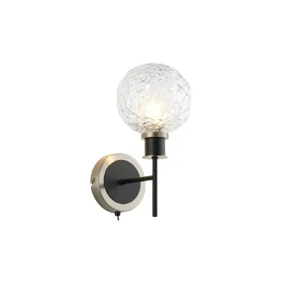 Cassia Switched Wall Light, 1 Light E14 With 15cm Round Textured Crumple Glass Shade, Satin Nickel, Clear & Satin Black (5LT184D)