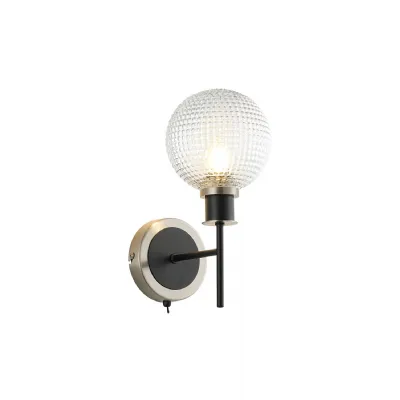 Cassia Switched Wall Light, 1 Light E14 With 15cm Round Textured Diamond Pattern Glass Shade, Satin Nickel, Clear & Satin Black (5LT185A)