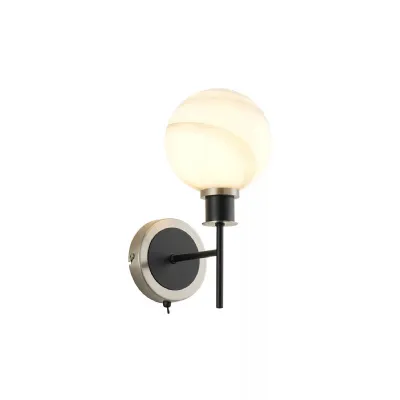 Cassia Switched Wall Light, 1 Light E14 With 15cm Round White & Grey Marble Effect Glass Shade, Satin Nickel & Satin Black Framework (5LT185C)