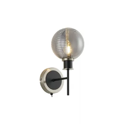 Cassia Switched Wall Light, 1 Light E14 With 15cm Round Double Textured Smooth Ribbed Glass Shade, Satin Nickel, Smoke Plated & Satin Black (5LT187D)