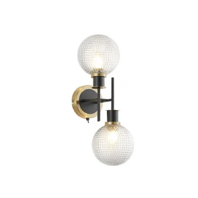 Cassia Switched Wall Light, 2 Light E14 With 15cm Round Textured Diamond Pattern Glass Shade, Brass, Clear & Satin Black (5LT189A)