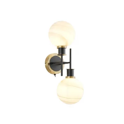 Cassia Switched Wall Light, 2 Light E14 With 15cm Round White & Grey Marble Effect Glass Shade, Brass & Satin Black Framework (5LT189C)