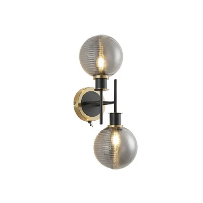 Cassia Switched Wall Light, 2 Light E14 With 15cm Round Double Textured Smooth Ribbed Glass Shade, Brass, Smoke Plated & Satin Black (5LT191D)