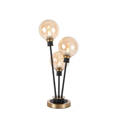 Cassia Table Lamp Touch Switch, 3 Light E14, With 15cm Round Glass Shade Brass, Amber Plated, Satin Black (5LT752B)
