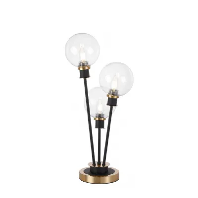 Cassia Table Lamp Touch Switch, 3 Light E14, With 15cm Round Glass Shade Brass, Clear, Satin Black (5LT753B)