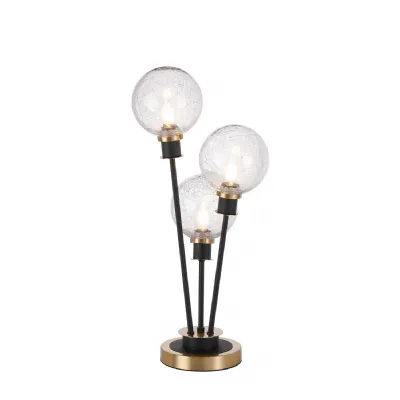 Cassia Table Lamp Touch Switch, 3 Light E14, With 15cm Round Crackled Glass Shade Brass, Clear, Satin Black (5LT753D)