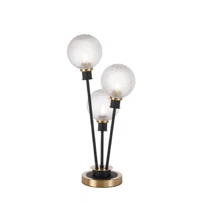Cassia Table Lamp Touch Switch, 3 Light E14, With 15cm Round Textured Diamond Pattern Glass Shade Brass, Clear, Satin Black (5LT754D)