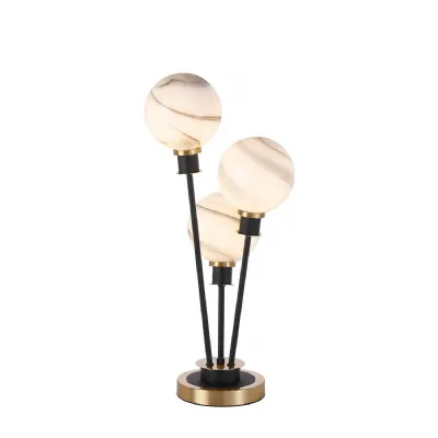Cassia Table Lamp Touch Switch, 3 Light E14, With 15cm Round Marble Effect Glass Shade Brass, White, Satin Black (5LT759B)