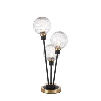 Cassia Table Lamp Touch Switch, 3 Light E14, With 15cm Round Textured Melting Glass Shade Brass, Clear, Satin Black (5LT755D)