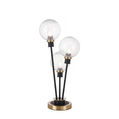 Cassia Table Lamp Touch Switch, 3 Light E14, With 15cm Round Ribbed Glass Shade Brass, Clear, Satin Black (5LT756B)