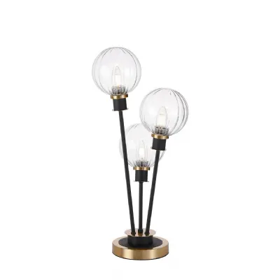 Cassia Table Lamp Touch Switch, 3 Light E14, With 15cm Round Segment Glass Shade Brass, Clear, Satin Black (5LT756D)