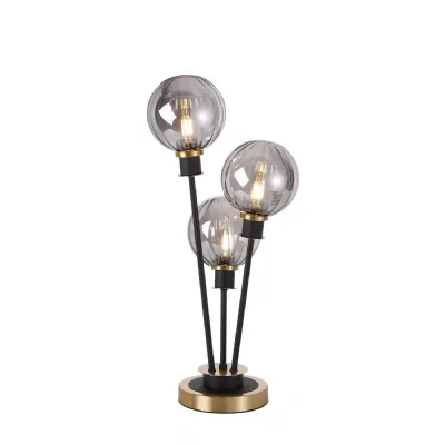 Cassia Table Lamp Touch Switch, 3 Light E14, With 15cm Round Segment Glass Shade Brass, Smoke Plated, Satin Black (5LT758B)