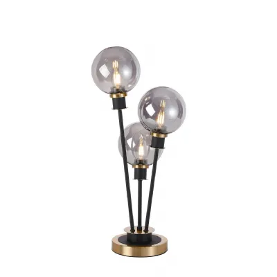 Cassia Table Lamp Touch Switch, 3 Light E14, With 15cm Round Glass Shade Brass, Smoke Plated, Satin Black (5LT757D)
