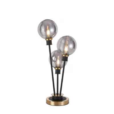 Cassia Table Lamp Touch Switch, 3 Light E14, With 15cm Round Double Textured Smooth Ribbed Glass Shade Brass, Smoke Plated, Satin Black (5LT758D)