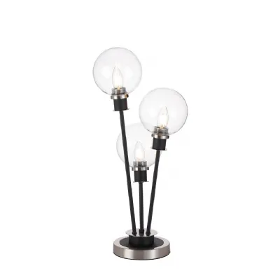 Cassia Table Lamp Touch Switch, 3 Light E14, With 15cm Round Glass Shade Satin Nickel, Clear, Satin Black (5LT797B)