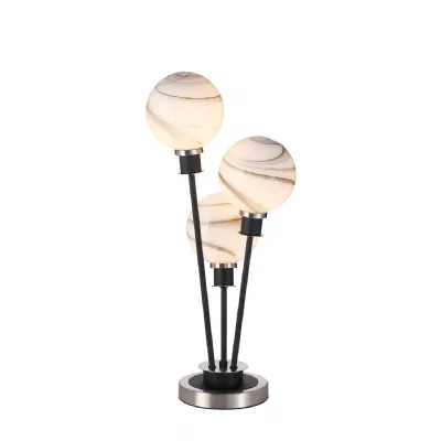 Cassia Table Lamp Touch Switch, 3 Light E14, With 15cm Round Marble Effect Glass Shade Satin Nickel, White, Satin Black (5LT803B)
