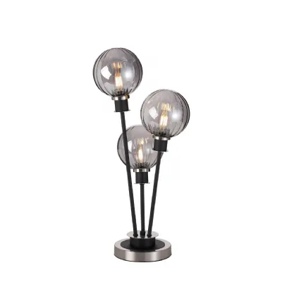 Cassia Table Lamp Touch Switch, 3 Light E14, With 15cm Round Segment Glass Shade Satin Nickel, Smoke Plated, Satin Black (5LT802B)