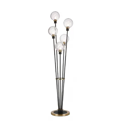Cassia Floor Lamp, 5 Light E14, With 15cm Round Crackled Glass Shade Brass, Clear, Satin Black (5LT753C)