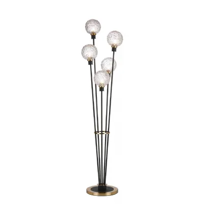 Cassia Floor Lamp, 5 Light E14, With 15cm Round Textured Crumple Glass Shade Brass, Clear, Satin Black (5LT754A)