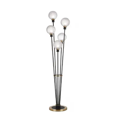 Cassia Floor Lamp, 5 Light E14, With 15cm Round Textured Diamond Pattern Glass Shade Brass, Clear, Satin Black (5LT754C)