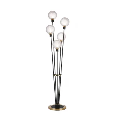 Cassia Floor Lamp, 5 Light E14, With 15cm Round Dimpled Glass Shade Brass, Clear, Satin Black (5LT755A)