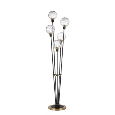 Cassia Floor Lamp, 5 Light E14, With 15cm Round Textured Melting Glass Shade Brass, Clear, Satin Black (5LT755C)