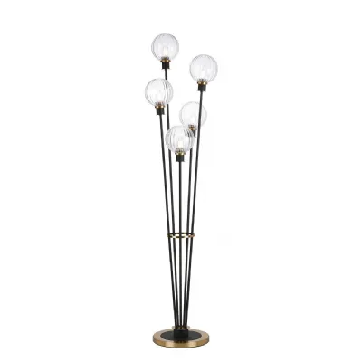 Cassia Floor Lamp, 5 Light E14, With 15cm Round Segment Glass Shade Brass, Clear, Satin Black (5LT756C)