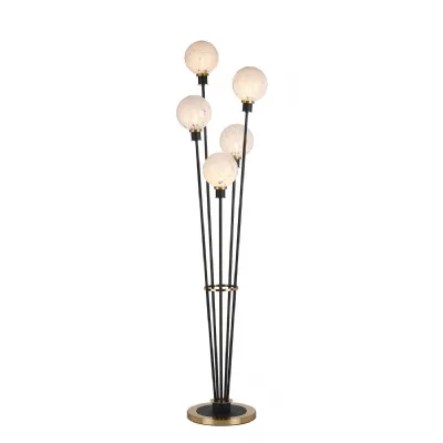 Cassia Floor Lamp, 5 Light E14, With 15cm Round Speckled Glass Shade Brass, White, Satin Black (5LT759C)