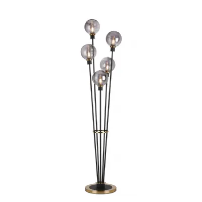 Cassia Floor Lamp, 5 Light E14, With 15cm Round Double Textured Smooth Ribbed Glass Shade Brass, Smoke Plated, Satin Black (5LT758C)
