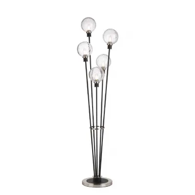 Cassia Floor Lamp, 5 Light E14, With 15cm Round Crackled Glass Shade Satin Nickel, Clear, Satin Black (5LT797C)