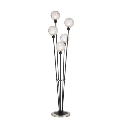 Cassia Floor Lamp, 5 Light E14, With 15cm Round Textured Crumple Glass Shade Satin Nickel, Clear, Satin Black (5LT798A)