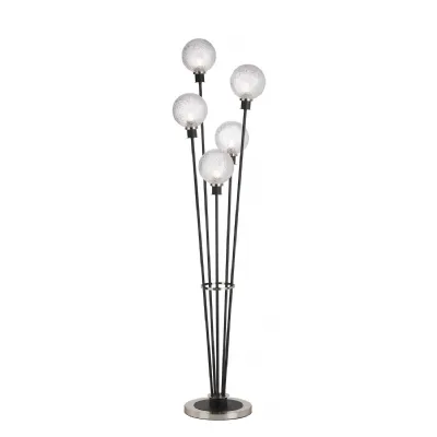 Cassia Floor Lamp, 5 Light E14, With 15cm Round Dimpled Glass Shade Satin Nickel, Clear, Satin Black (5LT799A)