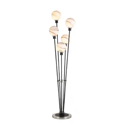 Cassia Floor Lamp, 5 Light E14, With 15cm Round Marble Effect Glass Shade Satin Nickel, White, Satin Black (5LT803A)