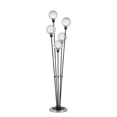 Cassia Floor Lamp, 5 Light E14, With 15cm Round Textured Melting Glass Shade Satin Nickel, Clear, Satin Black (5LT799C)