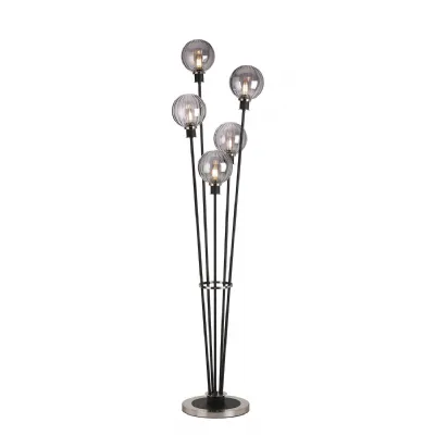 Cassia Floor Lamp, 5 Light E14, With 15cm Round Segment Glass Shade Satin Nickel, Smoke Plated, Satin Black (5LT802A)