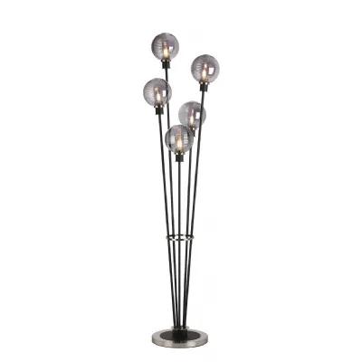 Cassia Floor Lamp, 5 Light E14, With 15cm Round Double Textured Smooth Ribbed Glass Shade Satin Nickel, Smoke Plated, Satin Black (5LT802C)