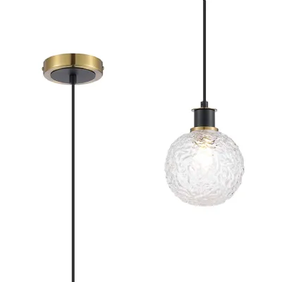 Cassia IP44 1.3m Pendant, 1 Light E14 With 15cm Round Textured Crumple Glass Shade, Brass, Clear & Satin Black (5LT764A)