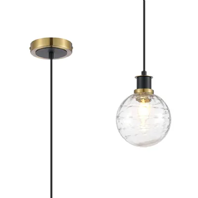 Cassia IP44 1.3m Pendant, 1 Light E14 With 15cm Round Textured Melting Glass Shade, Brass, Clear & Satin Black (5LT767A)