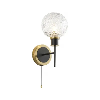 Cassia IP44 Switched Wall Light, 1 Light E14 With 15cm Round Textured Crumple Glass Shade, Brass, Clear & Satin Black (5LT764B)