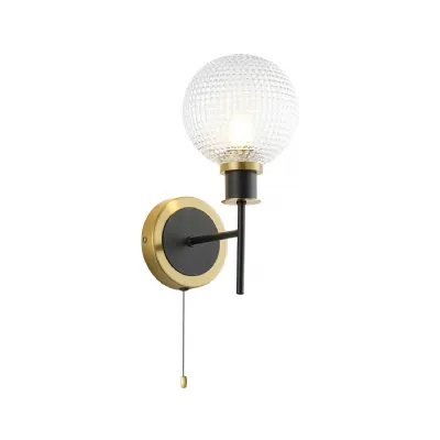 Cassia IP44 Switched Wall Light, 1 Light E14 With 15cm Round Textured Diamond Pattern Glass Shade, Brass, Clear & Satin Black (5LT765B)