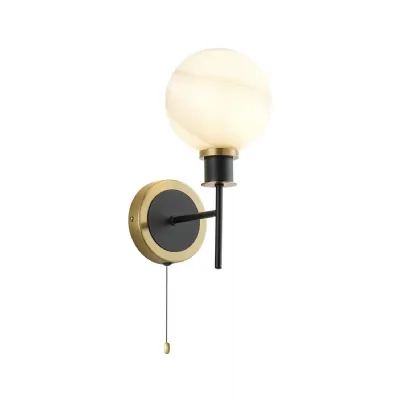 Cassia IP44 Switched Wall Light, 1 Light E14 With 15cm Round White & Grey Marble Effect Glass Shade, Brass & Satin Black Framework (5LT774B)