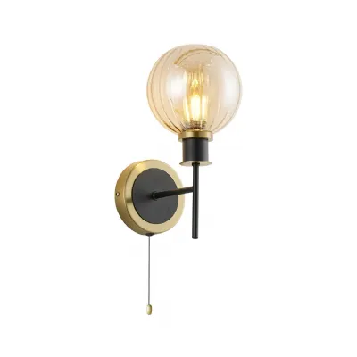 Cassia IP44 Switched Wall Light, 1 Light E14 With 15cm Round Segment Glass Shade, Brass, Amber Plated & Satin Black (5LT761B)