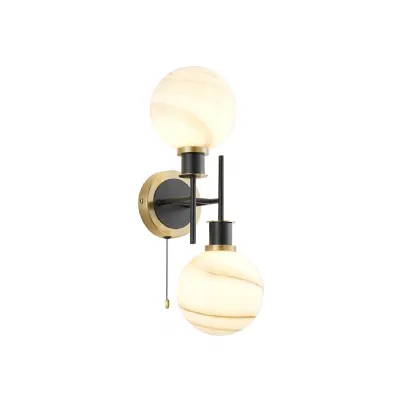 Cassia IP44 Switched Wall Light, 2 Light E14 With 15cm Round White & Grey Marble Effect Glass Shade, Brass & Satin Black Framework (5LT774C)