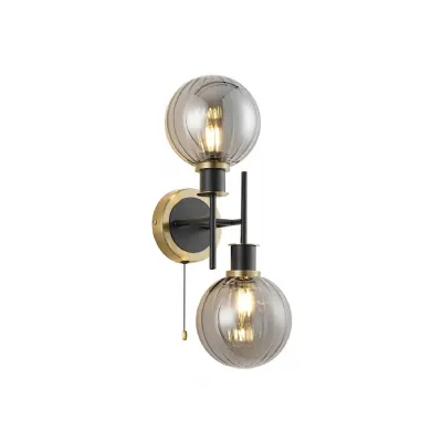 Cassia IP44 Switched Wall Light, 2 Light E14 With 15cm Round Segment Glass Shade, Brass, Smoke Plated & Satin Black (5LT772C)
