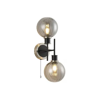Cassia IP44 Switched Wall Light, 2 Light E14 With 15cm Round Segment Glass Shade, Satin Nickel, Smoke Plated & Satin Black (5LT792C)