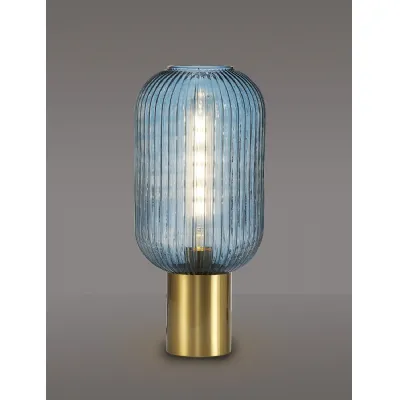 SPECIAL ITEM Olena Table Lamp With 20cm Tubular Ribbed Glass Aged Brass Petrol Blue (LTK1181) (N A)